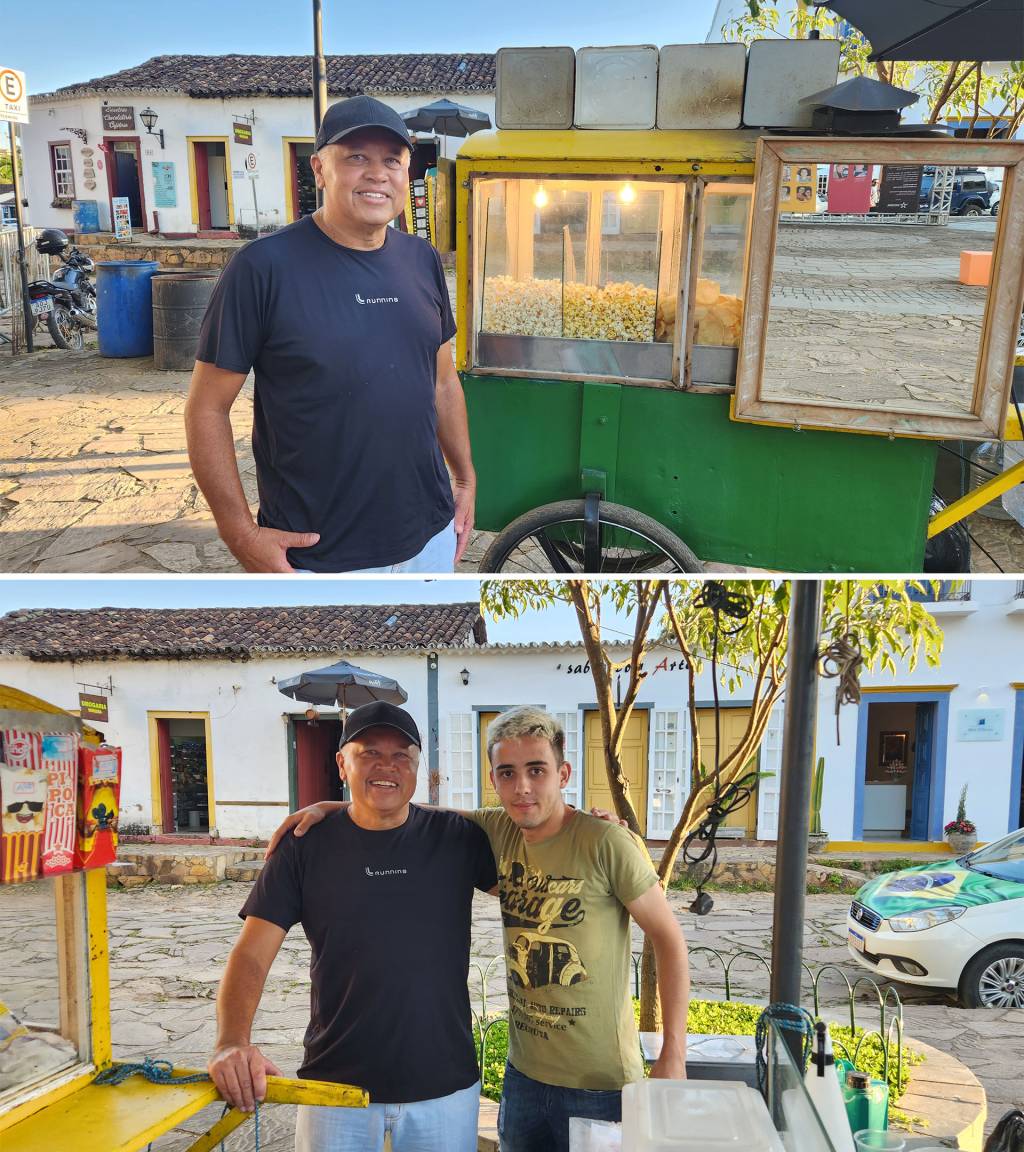 jose Duas fotos, uma de José Fernandes sozinho ao lado de uma pipoqueira. Na segunda José Fernandes está acompanhado de Pedro.